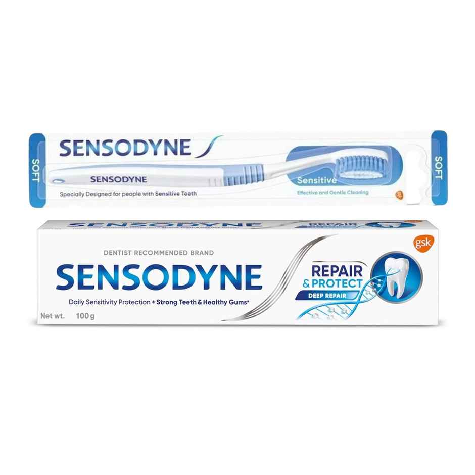 Sensodyne Toothpaste Repair & Protect, Tooth Paste For Deep Repair Of Sensitive Teeth (100g) & Sensodyne Sensitive Toothbrush With Soft Round Bristles - Assorted (1pc) Combo