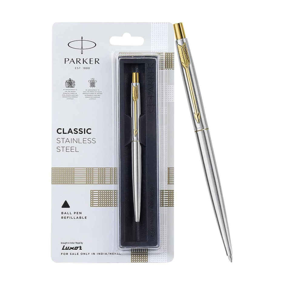 Parker Classic Stainless Steel Ball Pen | Gold Trim | Teacher's Day Gift