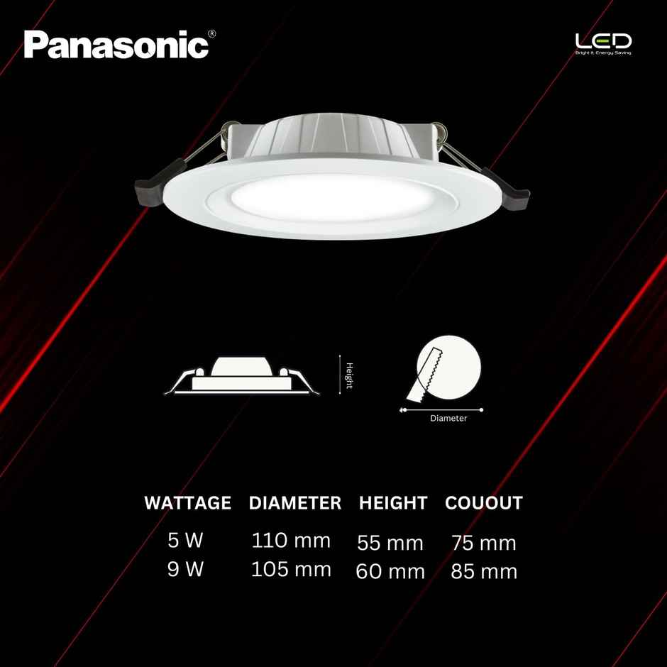 Panasonic 9W Slim Concealed Downlight,Warm White - 3000K