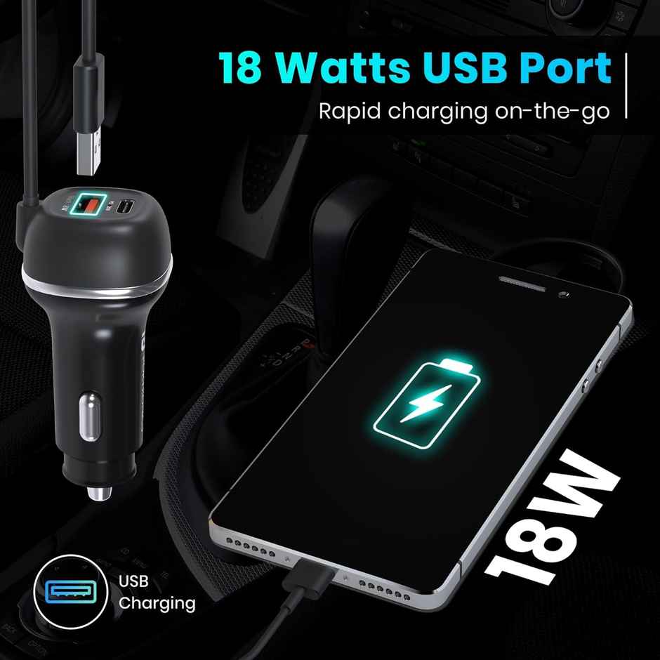 Portronics Car Power 1C 20W Car Charger With Triple Output- Black