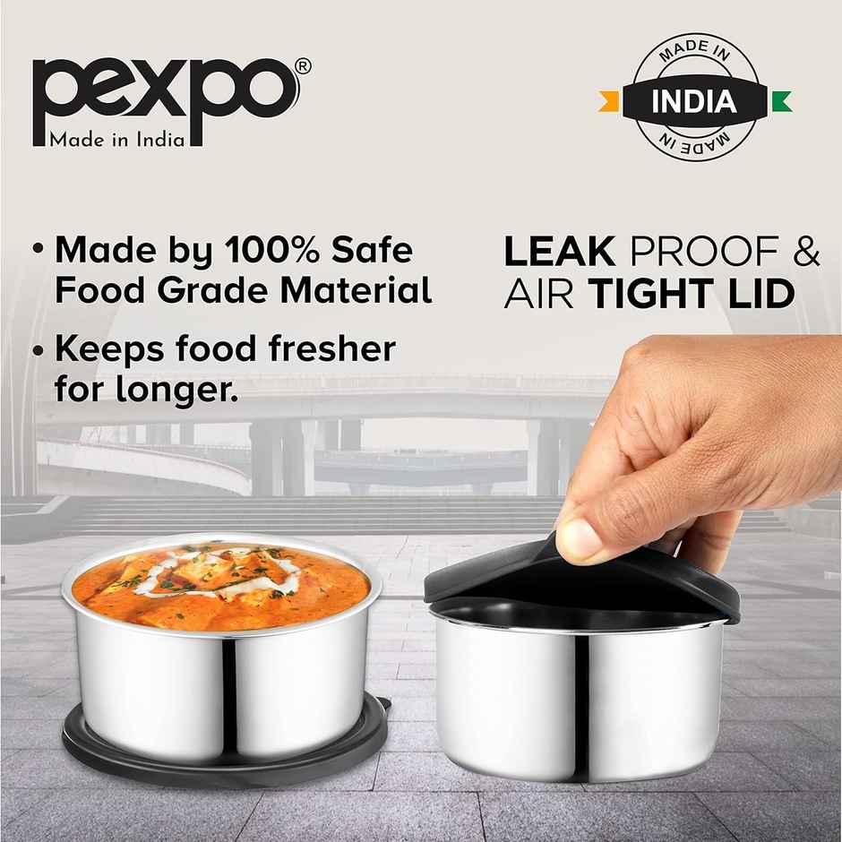 Pexpo Stainless Steel Lunch Box With 2 Leakproof Air-Tight Round Container & Cover Bag (Black) Nano
