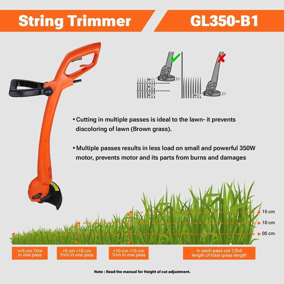 BLACK+DECKER GL350L-B1 String Trimmer, 350W, 13000 RPM, 25cm Cutting Swath, Dual Handed