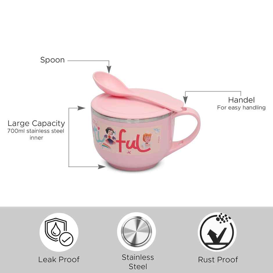 Jaypee Plus Stainless Steel Disney Princess Souptok Prime Soup & Noodles Bowl With Lid Spoon, Pink