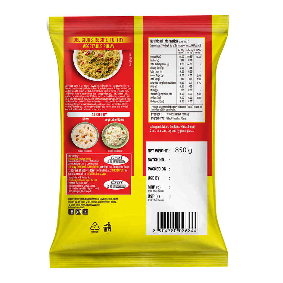 Disano Wheat Vermicelli | No Maida | Cholesterol Free | Unflavored
