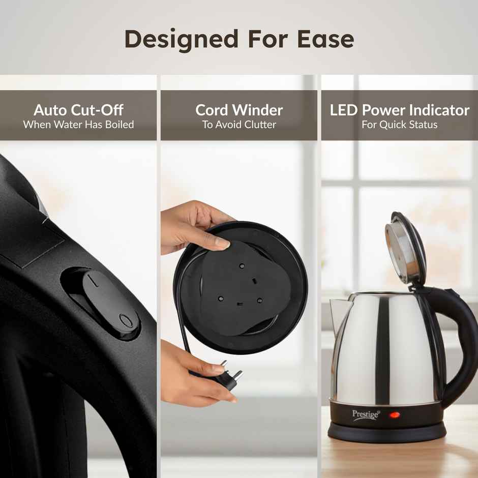 Prestige 1.5L PKOSS SS Electric Kettle, 1350 Watts, Elegant Design,Black, 1Y Warranty, ISI Certified