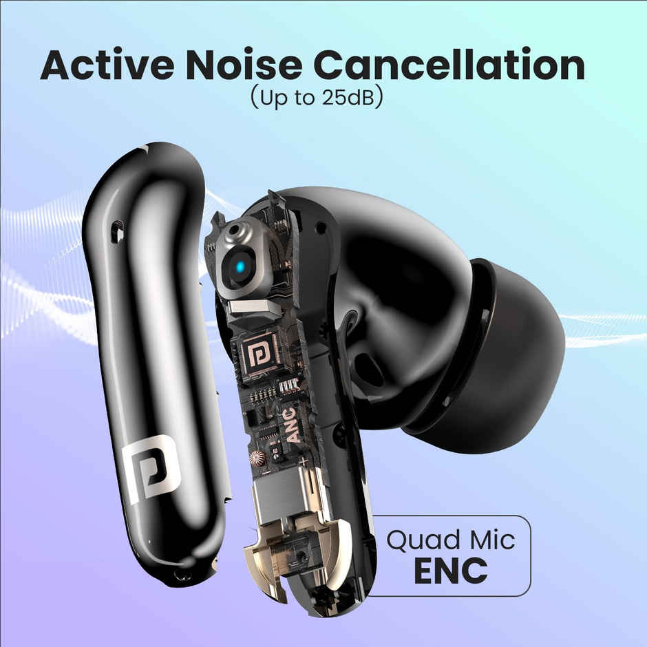 Portronics Harmonics Twins 28 ANC TWS in Ear Earbuds with Smart Touch Control, 50 Hours Playback, Quad Mic ENC, Low Latency, 13mm Dynamic Driver, IPX 5 Water Resistant, Fast Type C Charging - Black