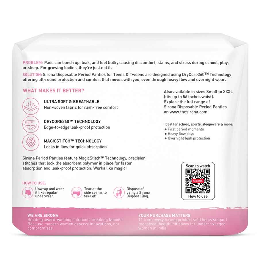 Sirona Disposable Teens Period Panties, 5x More Absorption, 100% Rash Free, Leak-Proof
