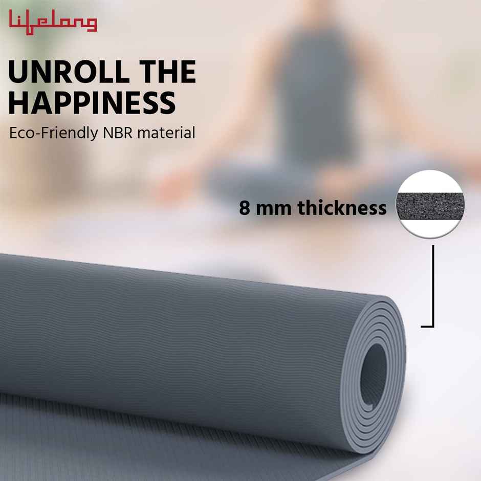 Lifelong 8mm EVA Yoga Mat with Carry Strap for Gym & Home Workout | Grey