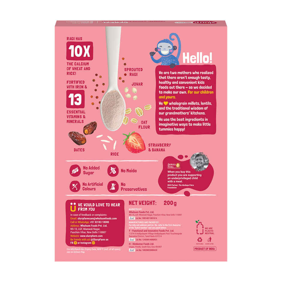 Slurrp Farm First Bites Strawberry Sprouted Ragi and Rice Cereal with Milk