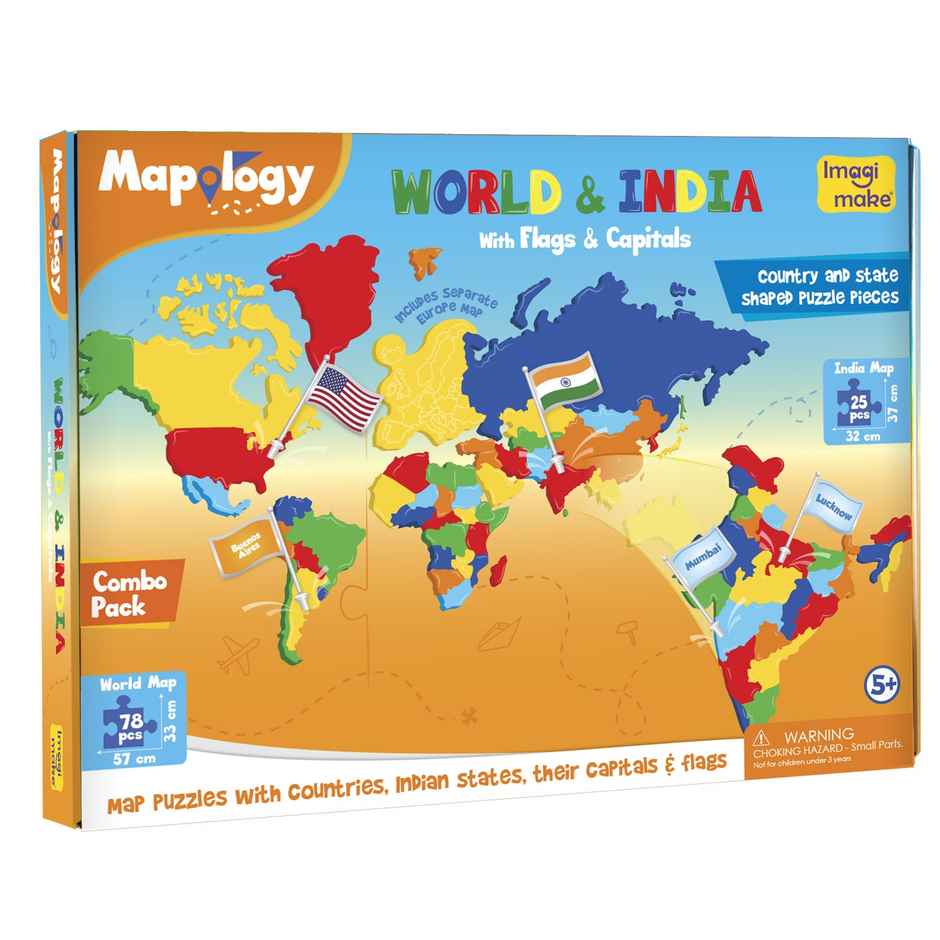 Imagimake Mapology India Map and World Map Puzzle Combo with Capitals and Flags of Country