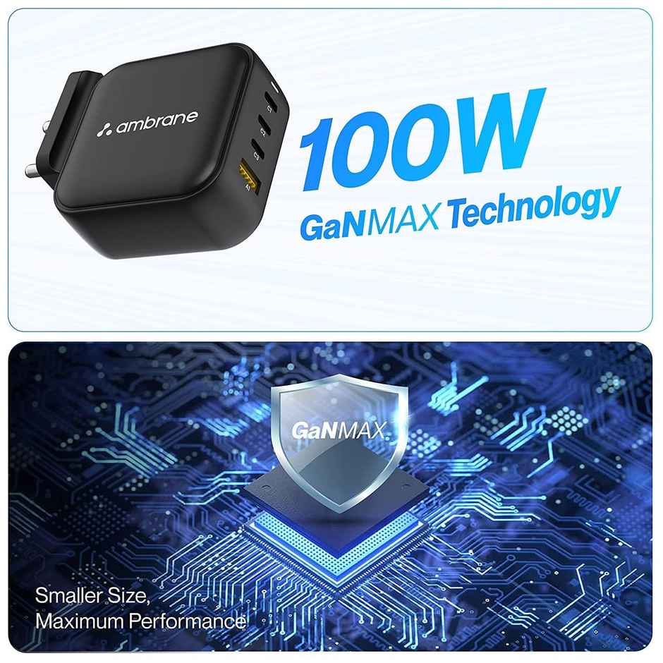 Ambrane 100W Charger Adapter | 4 Ports - 3 Type C & 1 Usb - Black