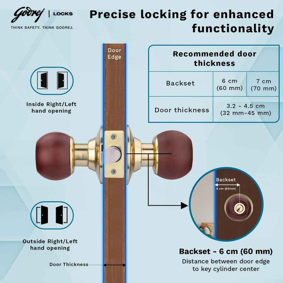 Godrej Cylindrical Lock | 3 Keys | Classic Range | For Bedroom/Internal Doors | Wood Finish