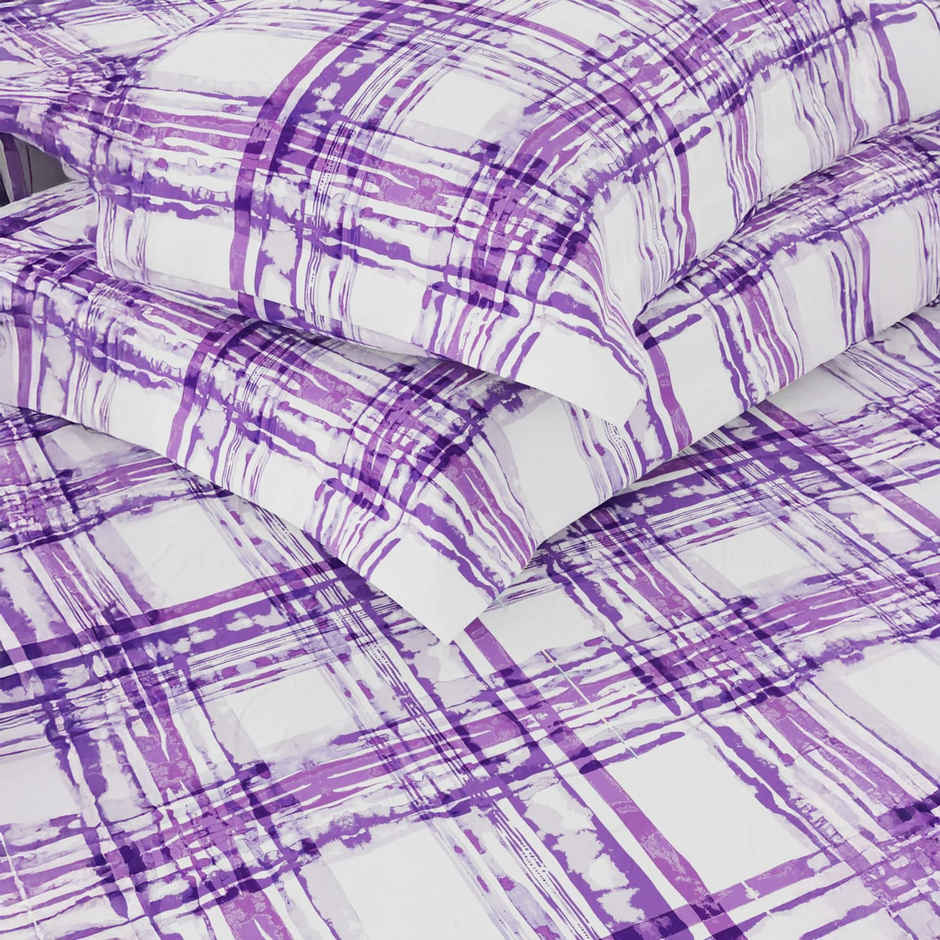 Bianca 100% Pure Cotton Double Bedsheet With 2 Pillow Covers | Set of 3 | Platinum Checks | Violet