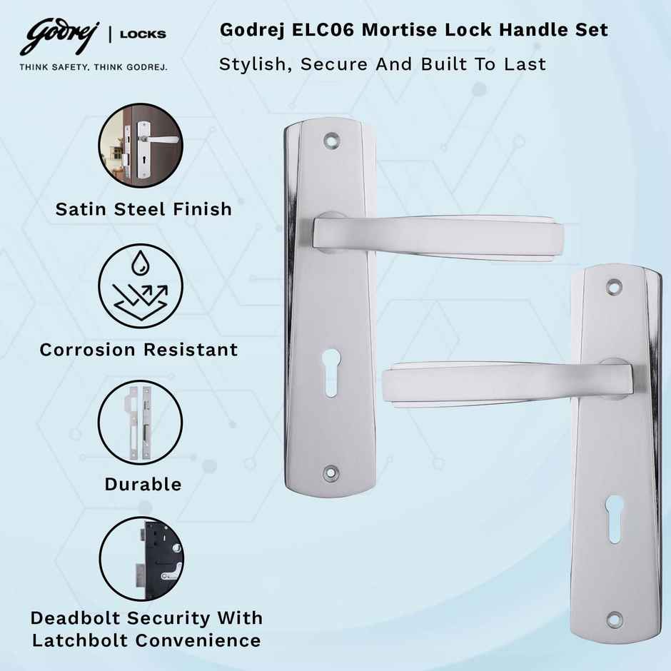 Godrej Mortise Door Lock Handle Set | 6-Lever Locking Mechanism | Satin Steel Finish