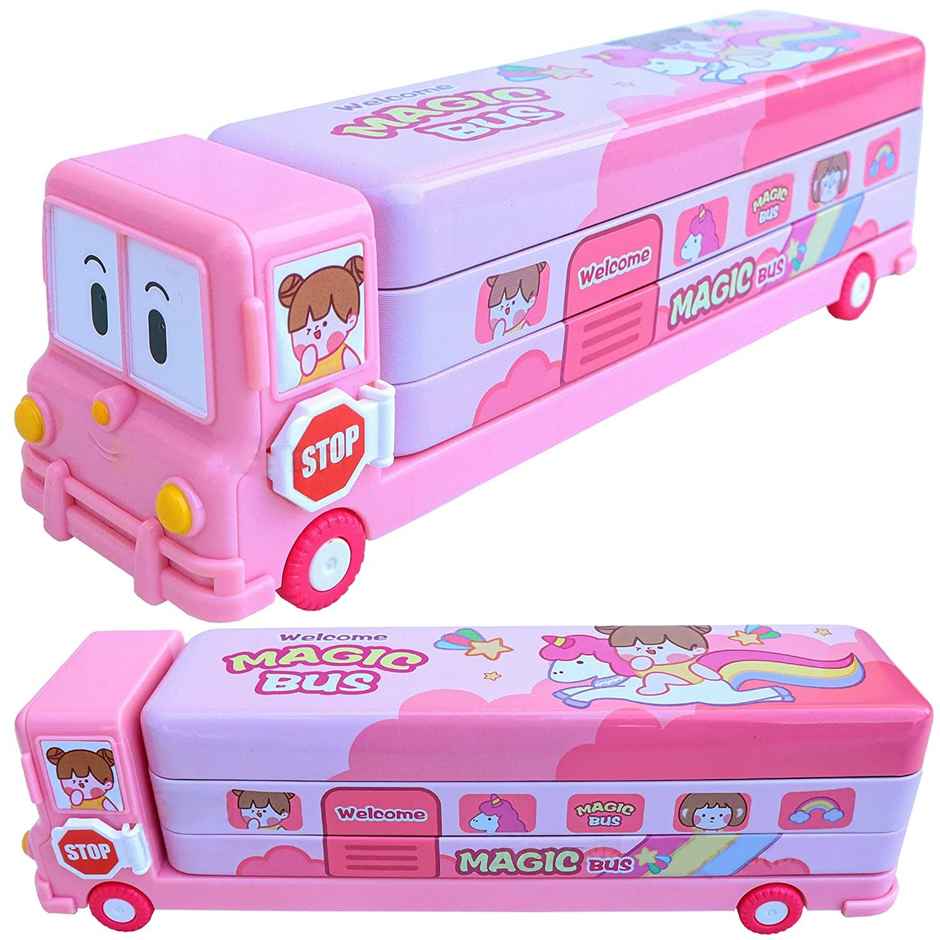 Toyshine Cartoon Printed School Bus Metal Pencil Box With Moving Tyres And Sharpener For Kids - Pink