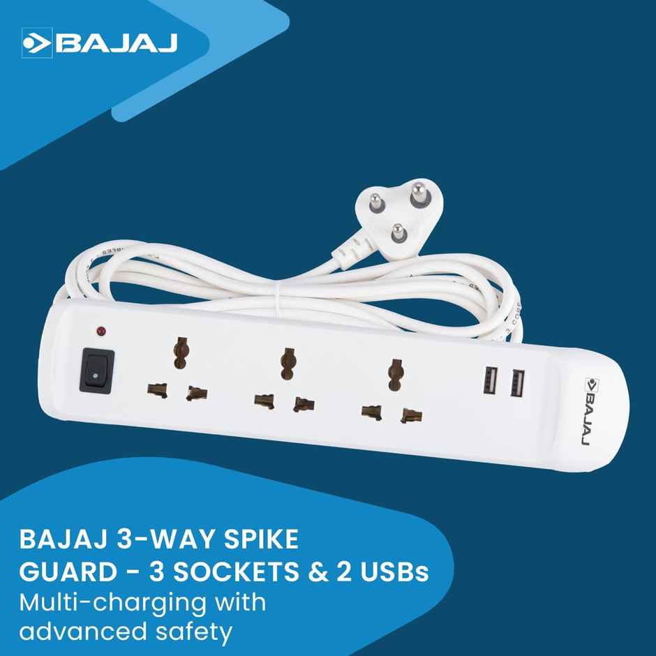 Bajaj 3-Way Spike Guard 3 Socket & 2 Usb 3 Socket Extension Boards