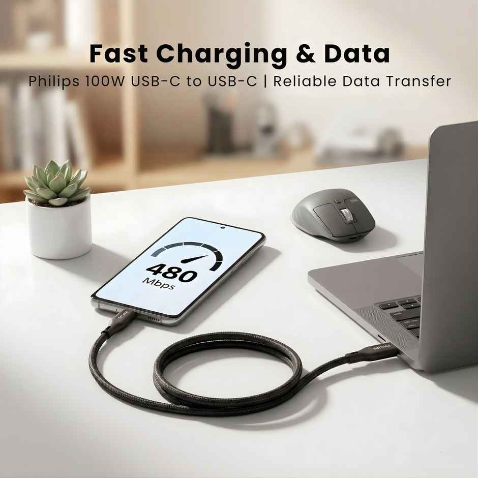 Philips DLC7130CB/94 100W Magnetic USB Type-C to Type-C Fast Charging Cable | Nylon Braided 1m