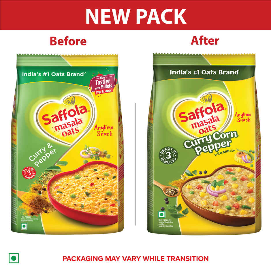 Saffola Masala Oats | Curry & Pepper | Anytime Snack | Ready in 3 mins | Millets Goodness | 500g