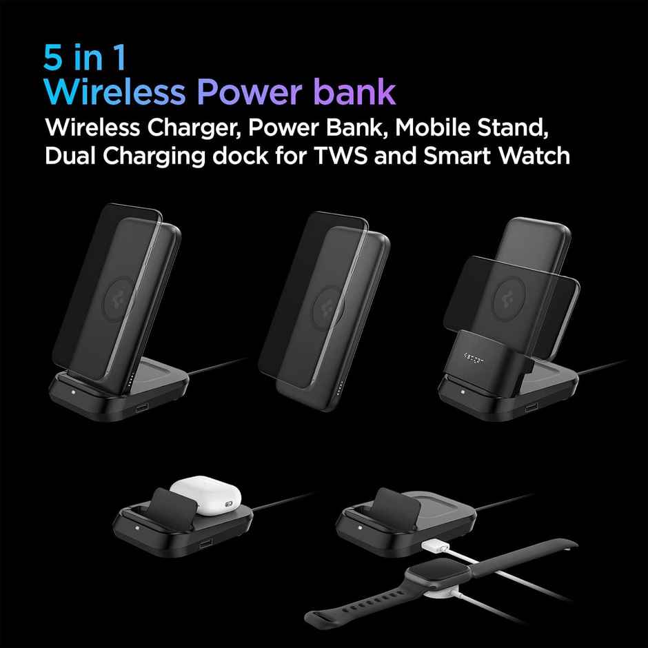 Spigen 5in1 10000 mAh Wireless Power Bank, USB-C Dual Charging Dock | Airpods and Smartwatches-Black