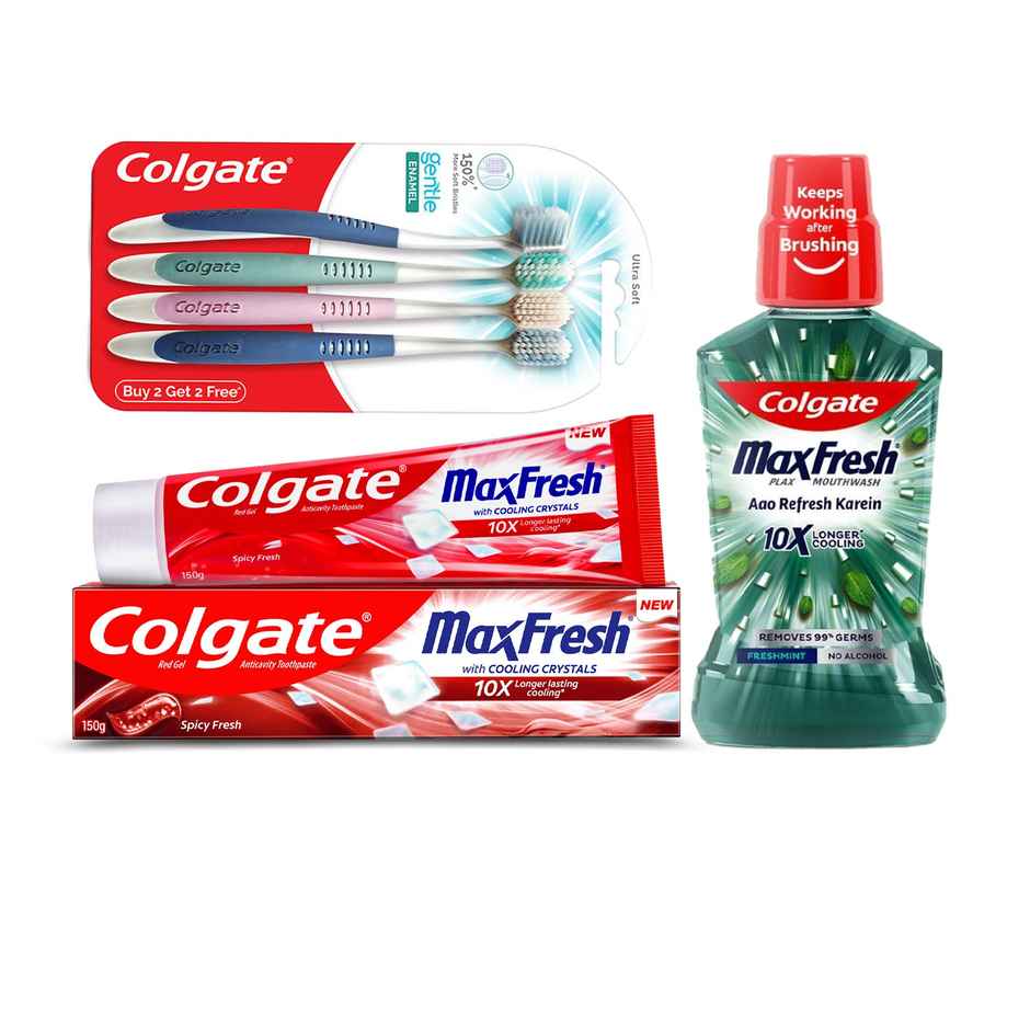 Colgate Gentle Enamel Toothbrush Ultra Soft (4pc) & Colgate Max Fresh Plax Mouthwash - Fresh Mint (250ml) & Colgate Maxfresh Toothpaste, Blue Gel Paste With Menthol For Super Fresh Breath (Peppermint Ice) (150g) Combo