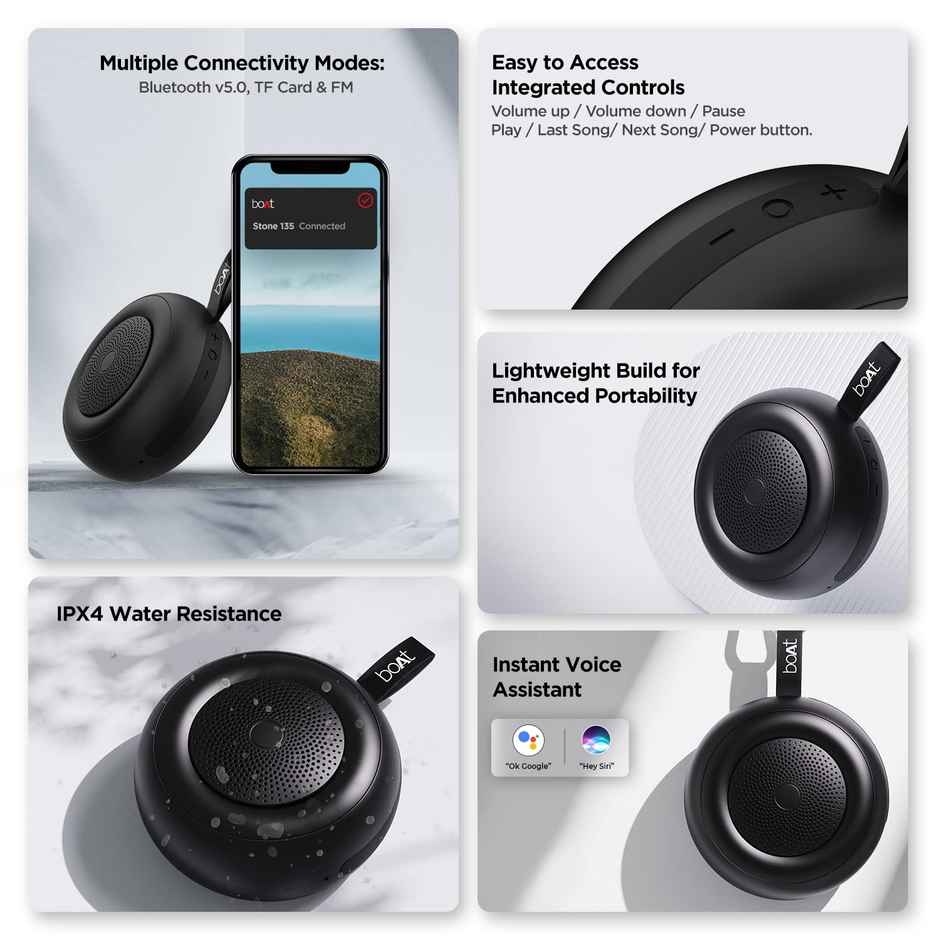 boAt Stone 135 Portable Wireless Bluetooth Speaker with 5W RMS Immersive Sound,IPX4 Water Resistance, True Wireless Feature, Up to 11H Total Playtime, Multi-Connectivity Modes With Type C Charging - Active Black