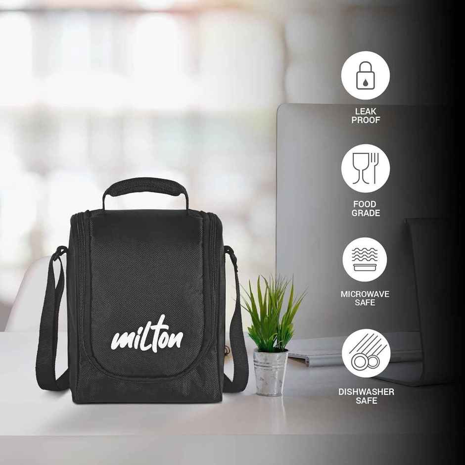 Milton Pro Lunch Box (3 Inner Steel Containers, 1 Plastic Dabba, Bottle & Spoons) With Bag, Black