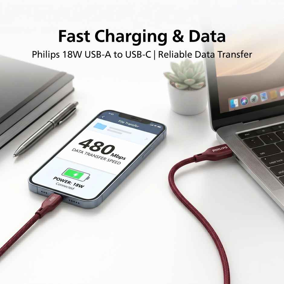 Philips 18W USB A to Type C Fast Charging Cable | DLC4130AI94 | Iron Red | 1 m