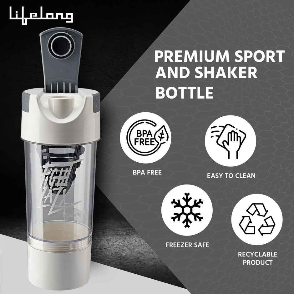 Lifelong Protein Shaker With Extra Compartment Bpa Free Sipper Bottle|500Ml | Llshb03 White Plastic