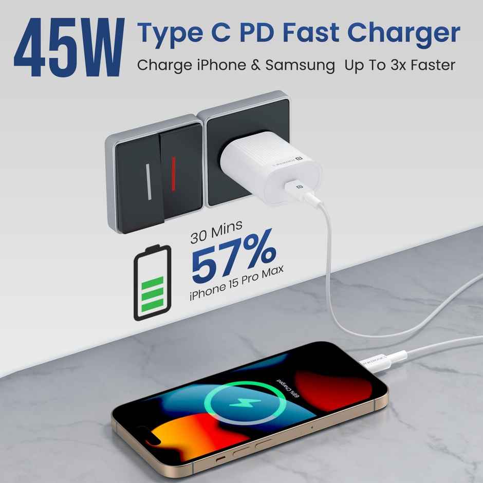 Portronics 45W Adapto 45A Type-C Super Fast Charging Adapter | Best for iPhone, Samsung | White