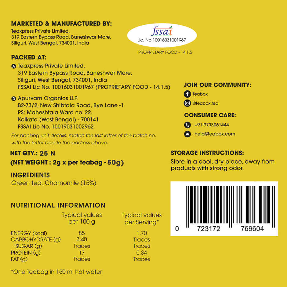 Teabox Chamomile Green Tea | Fresh And Floral Calm Tea Bags | Relaxed Sleep In Every Sip