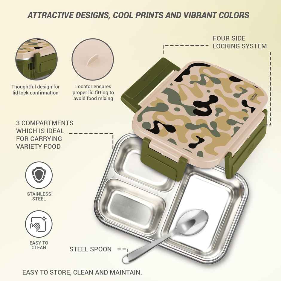 MiLiteron Fun Feast 3 Inner Stainless Steel Tiffin Box | 700 ml | Military Green