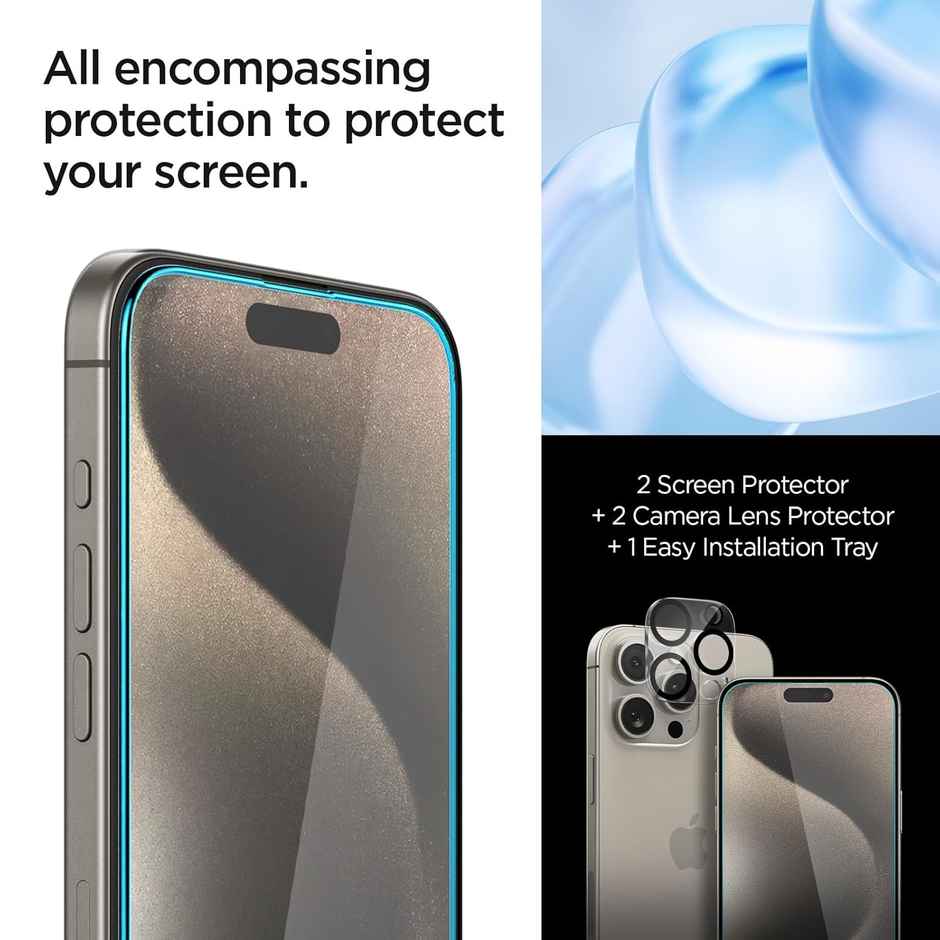 Spigen Essential Guard; Tempered Glass Screen Guard for iPhone 15 Pro [Glass 2 Pack + Camera Lens Protector 2P + Alignment Tool]