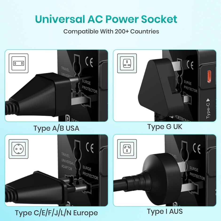 Portronics Juicemate Universal Travel Adapter | 20W | Type C | PD & 18W USB-A Output Port | Black