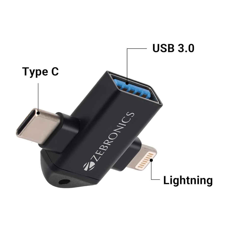 Zebronics OTG2, 2 in 1 Lightning, Type C - USB Converter, Backward Compatible, Speed Upto 5 Gbps