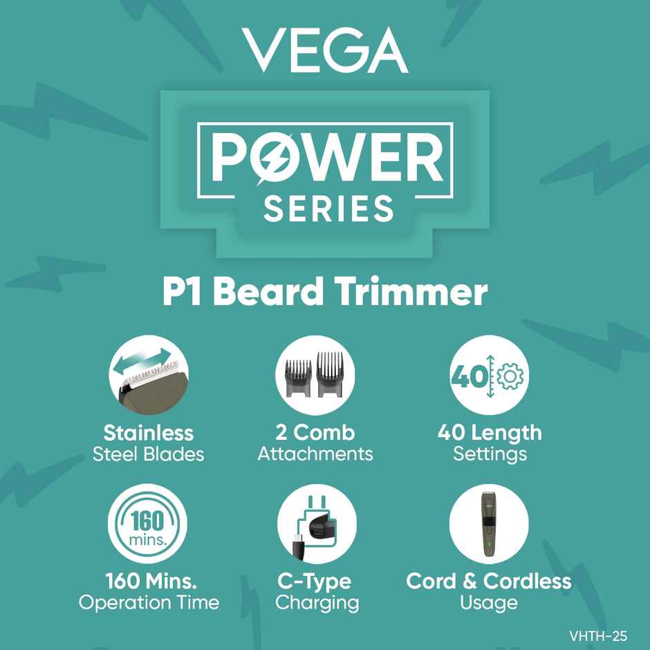Vega P1 Battery Powered Beard Trimmer for Men, USB C Type, 160 mins Runtime 2 Beard Comb (VHTH-25)