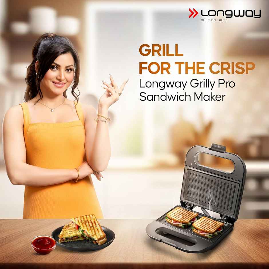 Longway Grilly Pro 850W Grill Sandwich Maker&Toaster,Non-stick Coating Cast Aluminum-Metallic Silver