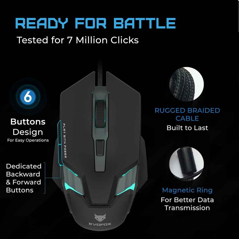 EvoFox Spectre Wired Gaming Mouse, with Upto 3600 DPI Gaming Sensor | 6 Buttons Design | 1.5m Braided Cable - Black