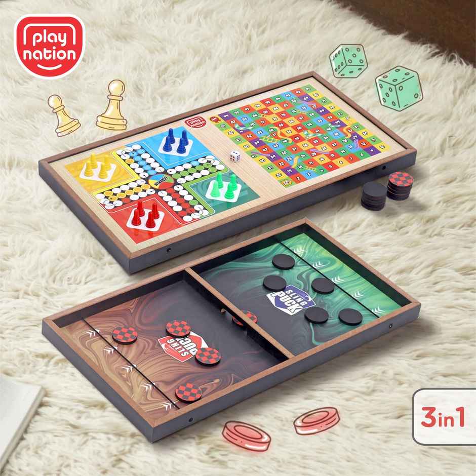 Play Nation 3 in 1 Board Game with Ludo, Slides & Ladders and Sling Puck