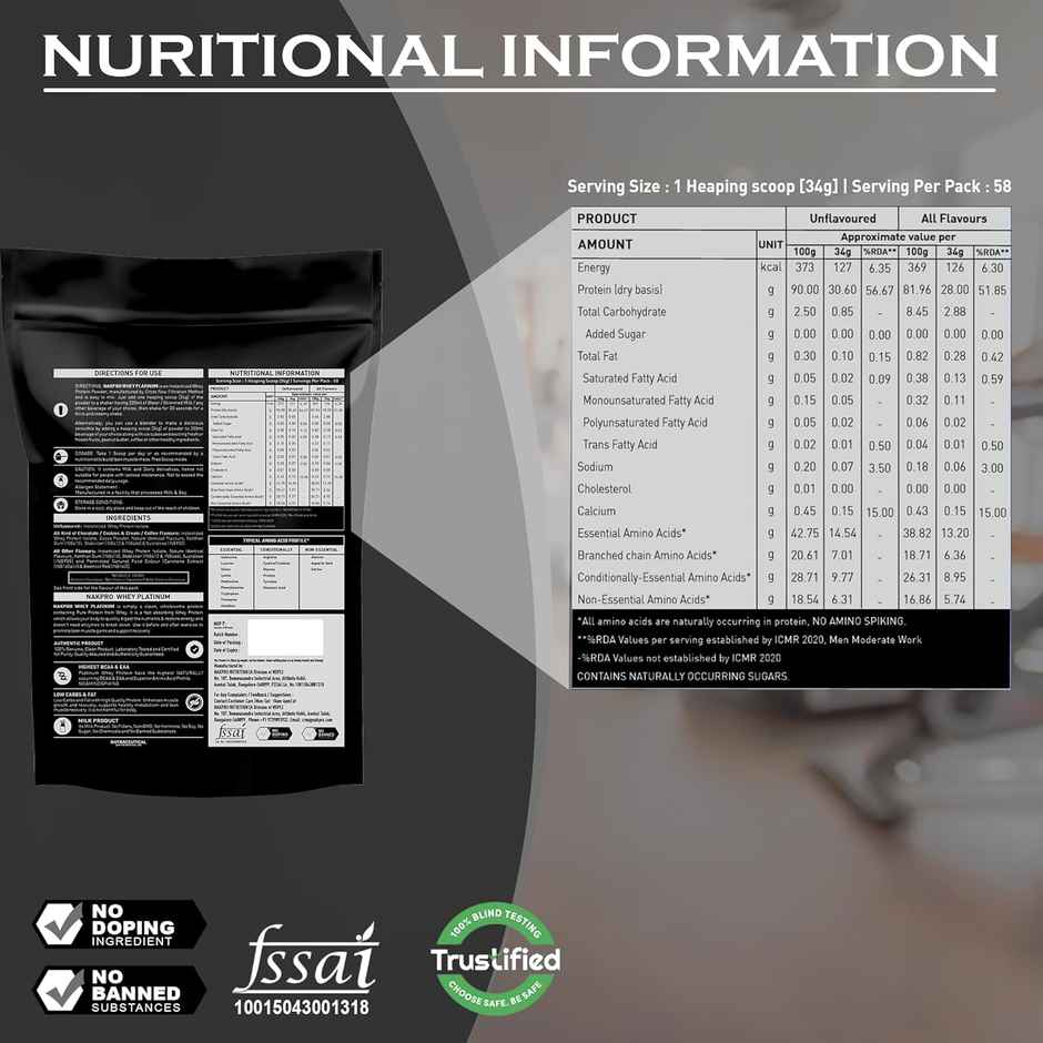 Nakpro Platinum Whey Protein Isolate 90% 2Kg Unflavoured 31G Protein 7G Bcaa