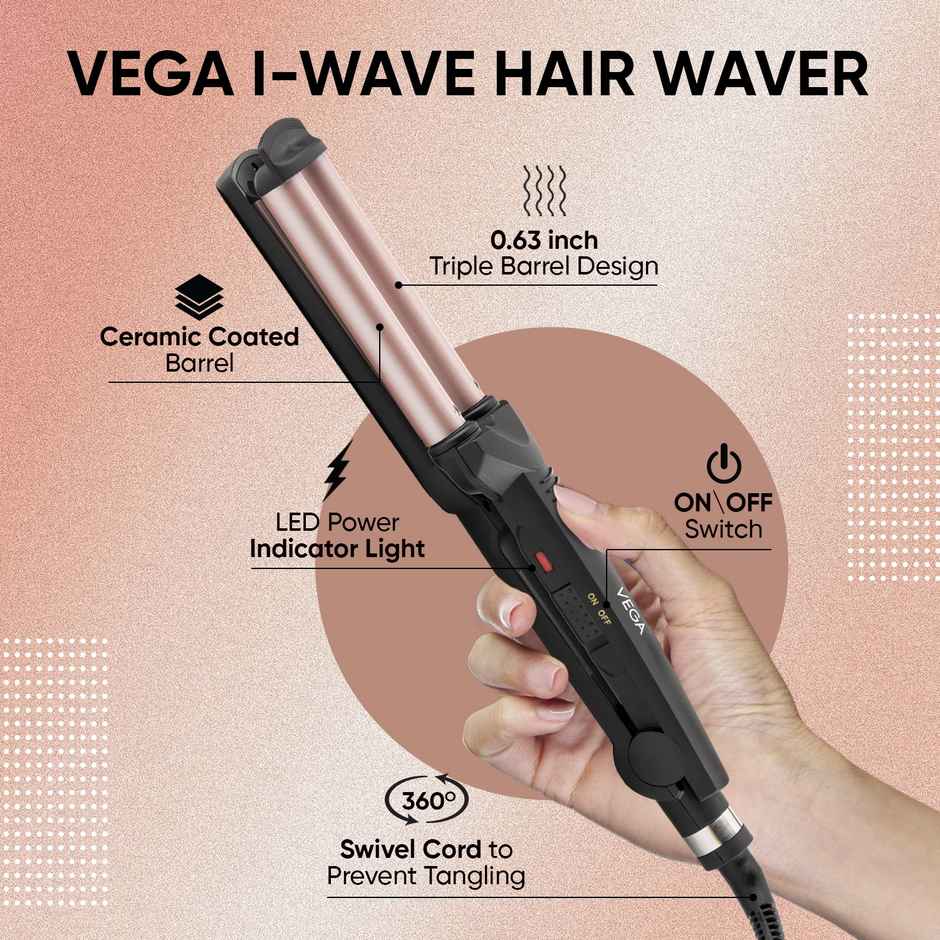 Vega I-Wave Hair Waver for Women with Ceramic Coated Barrel, Soft & Deep Wave Hair Curls (VHWR-01)