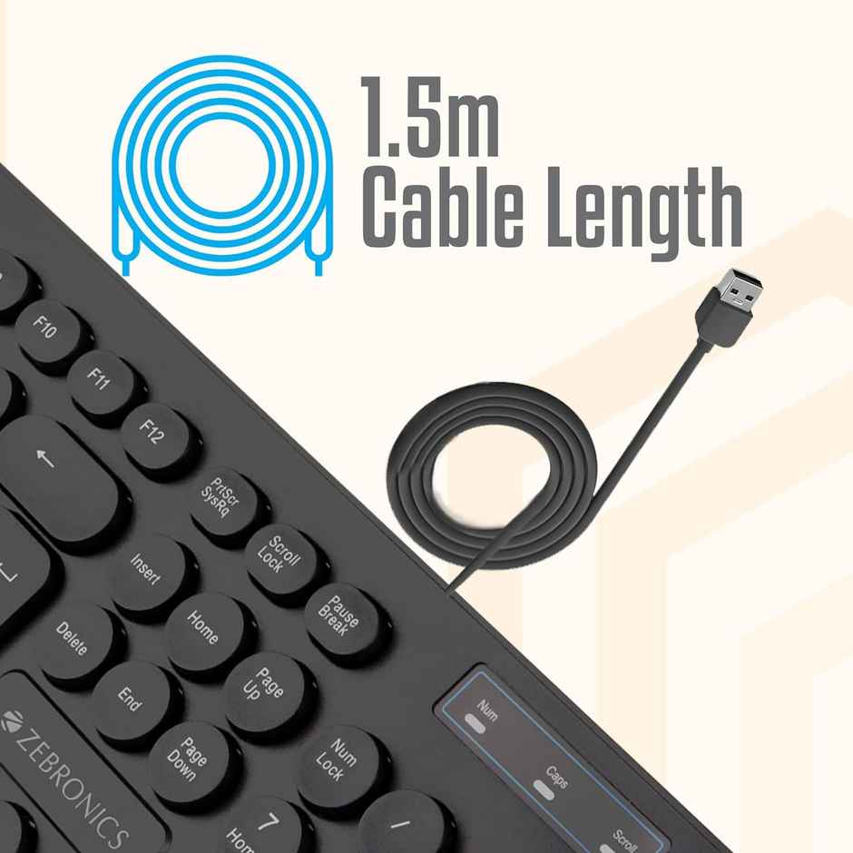 Zebronics K24 Wired USB Keyboard, 104 Keys, Long Life 8 Million Keystrokes, Silent & Comfortable Use, Slim Design, Retractable Stand, 1.5 Meter Textured Cable, UV Coated keycaps -  Black