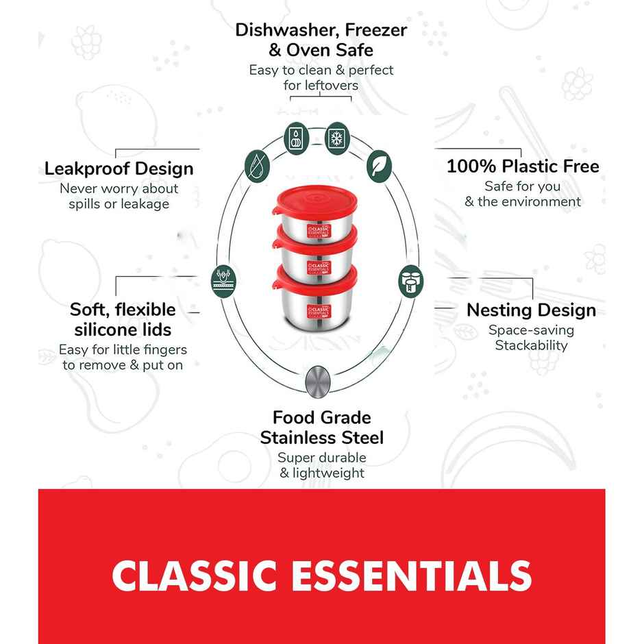 Classic Essentials Steel Utility Container 300 ml, 400 ml, 500 ml Pack of 3 Red