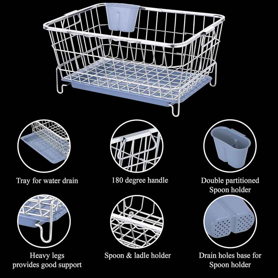 Capsicum Stainless Steel Dish Drainer | After Wash Utensils Basket (Dish Rack With Tray)