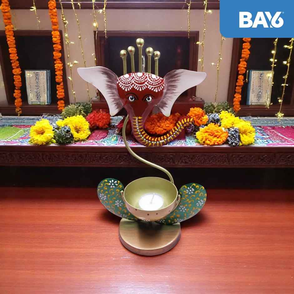 Bay6 Artisan Hand Painted Ganesh T-Light Holder | Multicolour | Artistic | Iron | Tealight Candle-Pooja