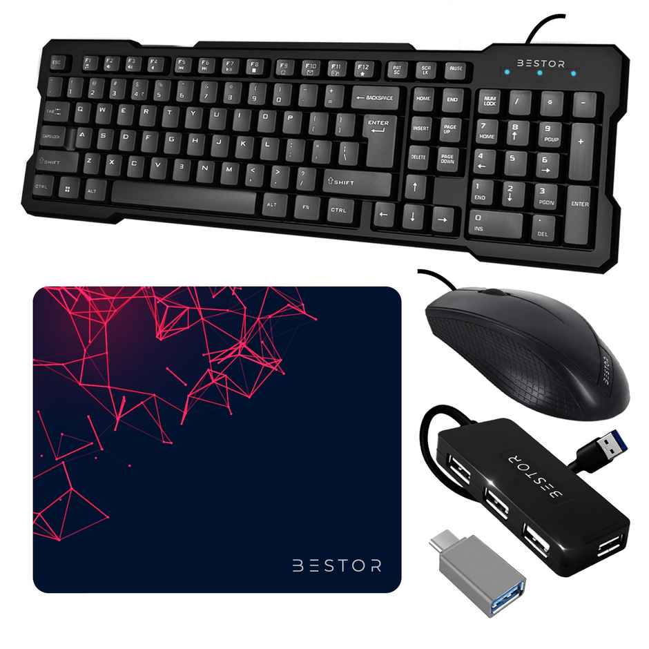 Bestor Set of 5 Combos of USB Wired Keyboard, Wired Mouse, Mouse Pad Base Waterproof, Type A to Type C Converter & 4 Port USB HUB for PC, Laptop, Computer