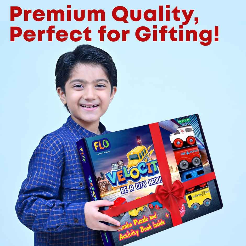 Flo Toys Velocity Rescue Vehicle Puzzle Set - 4 Friction Cars, Floor Puzzle & Storybook for Kids 5+