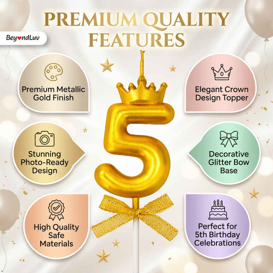 BeyondLuv Candles for Kids Birthday Party 5 Golden Number Candle With Crown