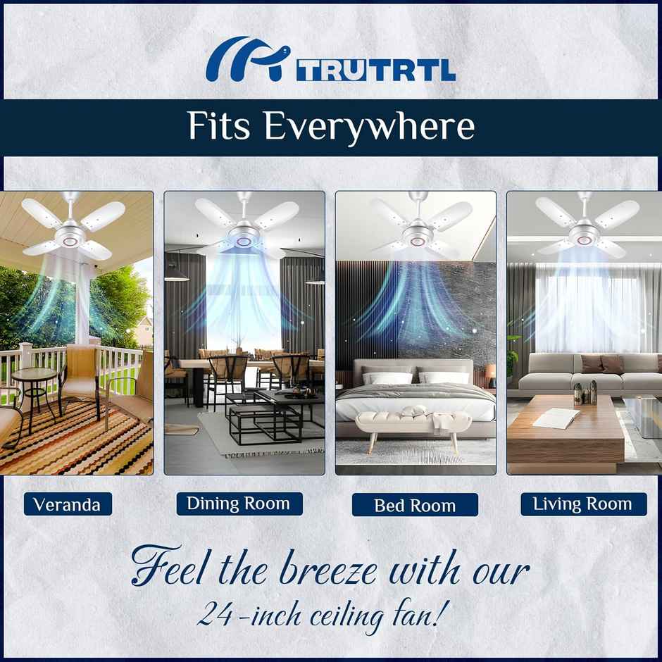 truTRTL Wave Ceiling Fan, 600mm/24 Inch, High-Speed, Energy Saving, Durable & Stylish, White