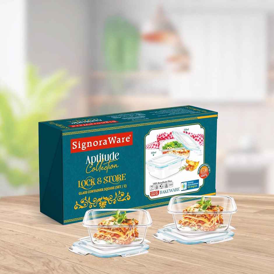 Signoraware Borosilicate Glass Container | 320 ml | Set of 2 | Clear | Glass Food Storage Container