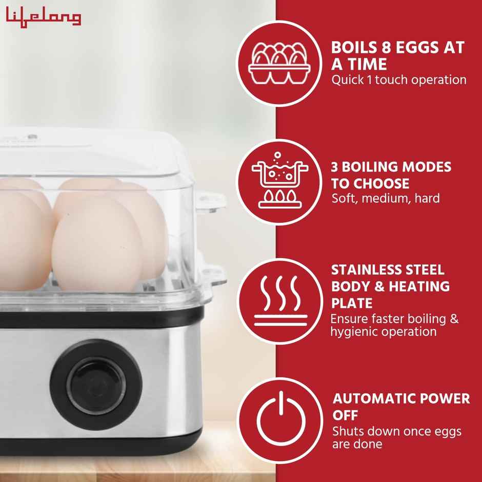 Lifelong 2-in1 Egg Boiler and Poacher, 500-Watt, Boil 8 eggs, Poach 4 eggs, Easy to clean| 3 Boiling Modes, Stainless Steel Body and Heating Plate, Automatic Turn-Off